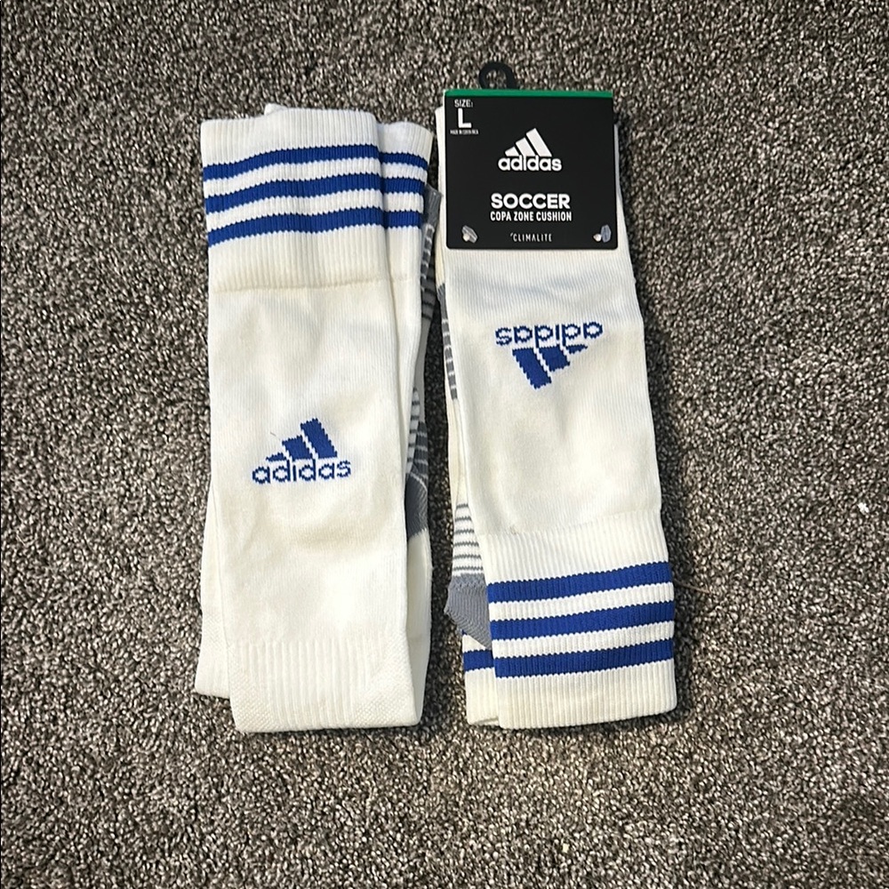 Adidas White and Blue Soccer Socks
